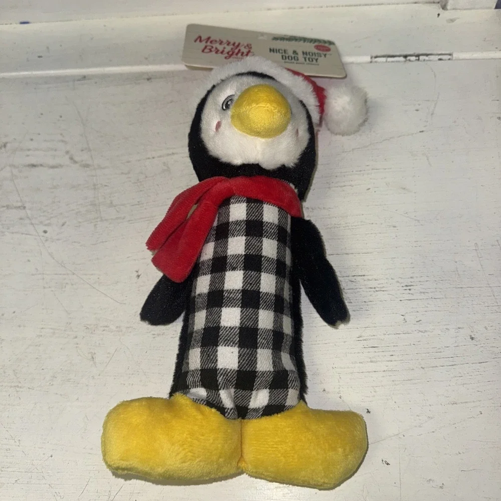 Merry & Bright Nice & Noisy PENGUIN Dog‎ Toy Red Squeaky Thrash Plush Toss Shake